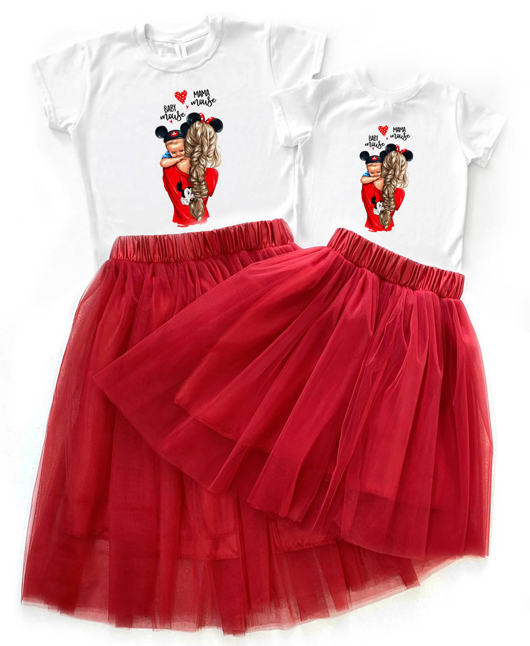 

Пара футболки с юбками для мамы и дочки "minnie mouse" Family look