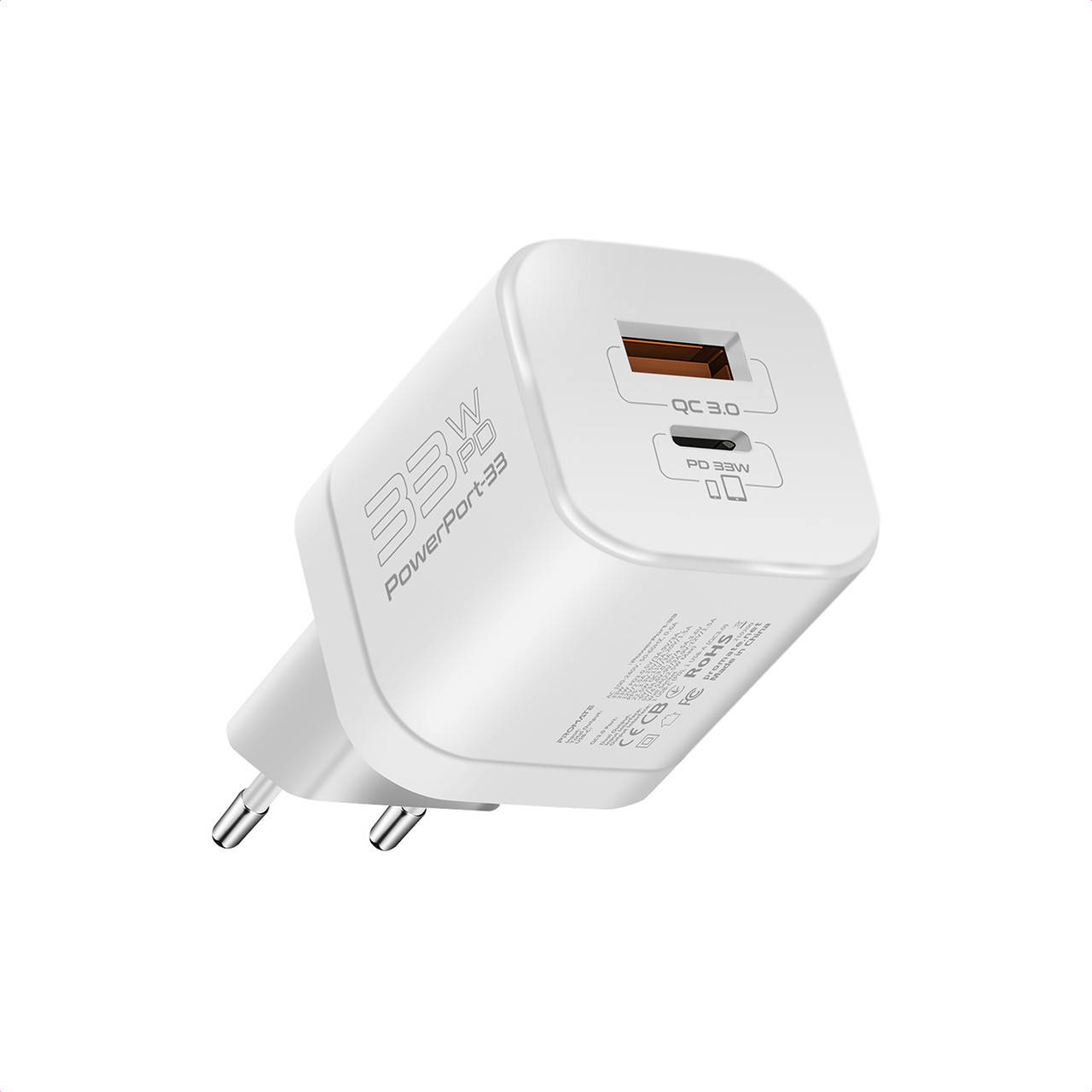 

Сетевое зарядное устройство Promate PowerPort-33 Вт USB-C+USB-A White, Белый