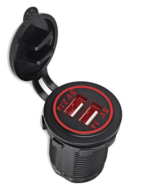 

Автомобильное зарядное гнездо 2 USB DC 12-24V/5V 2,1A красная подсветка с резьбой