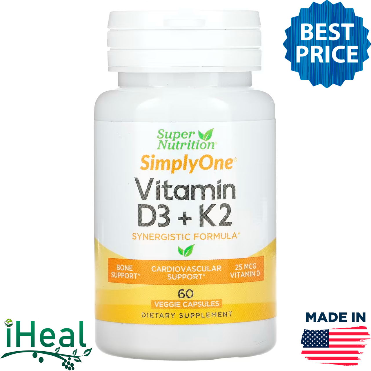 

Super Nutrition, витамины D3 и К2, 60 растительных капсул