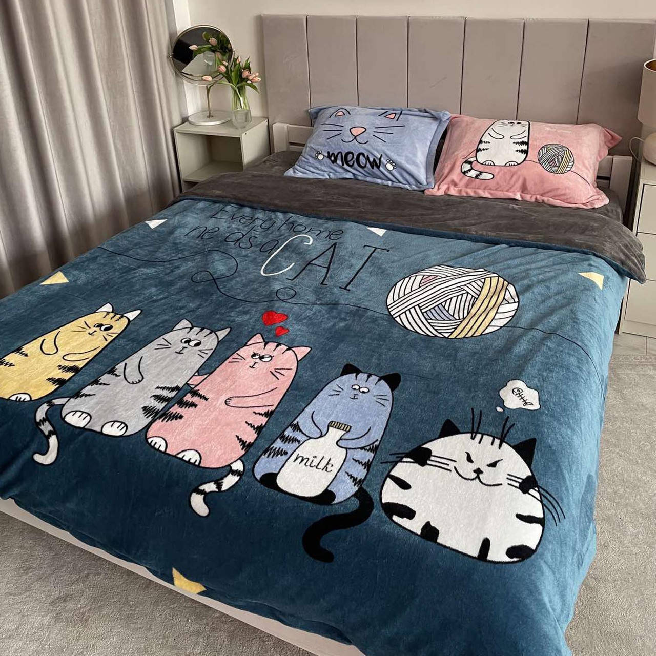 

Постельное белье Плюшевое микрофибра Семья Котят, Полуторный, 160x215, 160х220, 50х70-2 шт, Синий