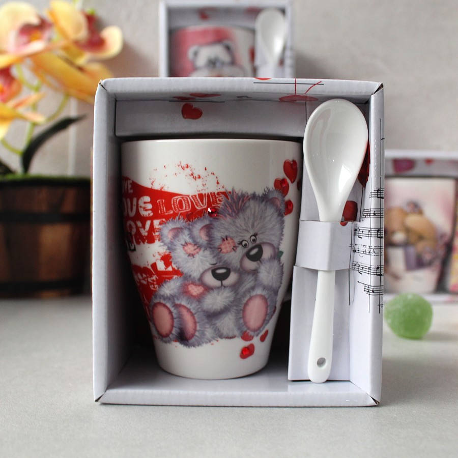 

Подарочная чашка с фарфоровой ложечкой Он+Она 300 мл, Белый