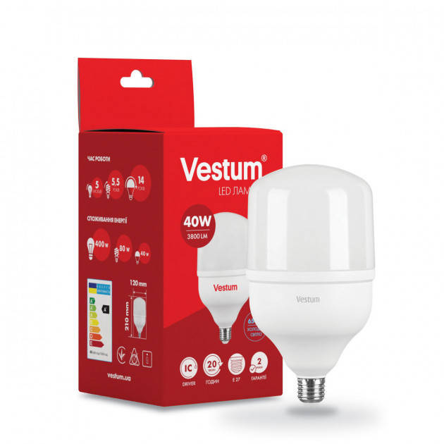 

Лампочка светодиодная LED Е27 40 Вт 6500K 3800Lm 220 вольт T120 Vestum