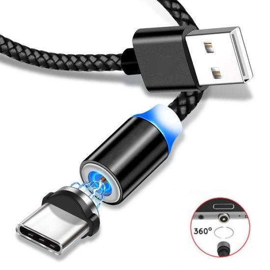 

Магнитный кабель Type C (Type-C, Тайп Си) тканевый круглый 360 черный