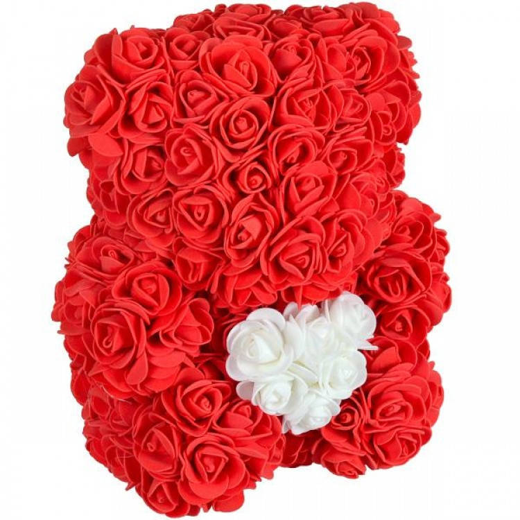 

Мишка из роз Teddy Bear 24 см красный с белым сердцем