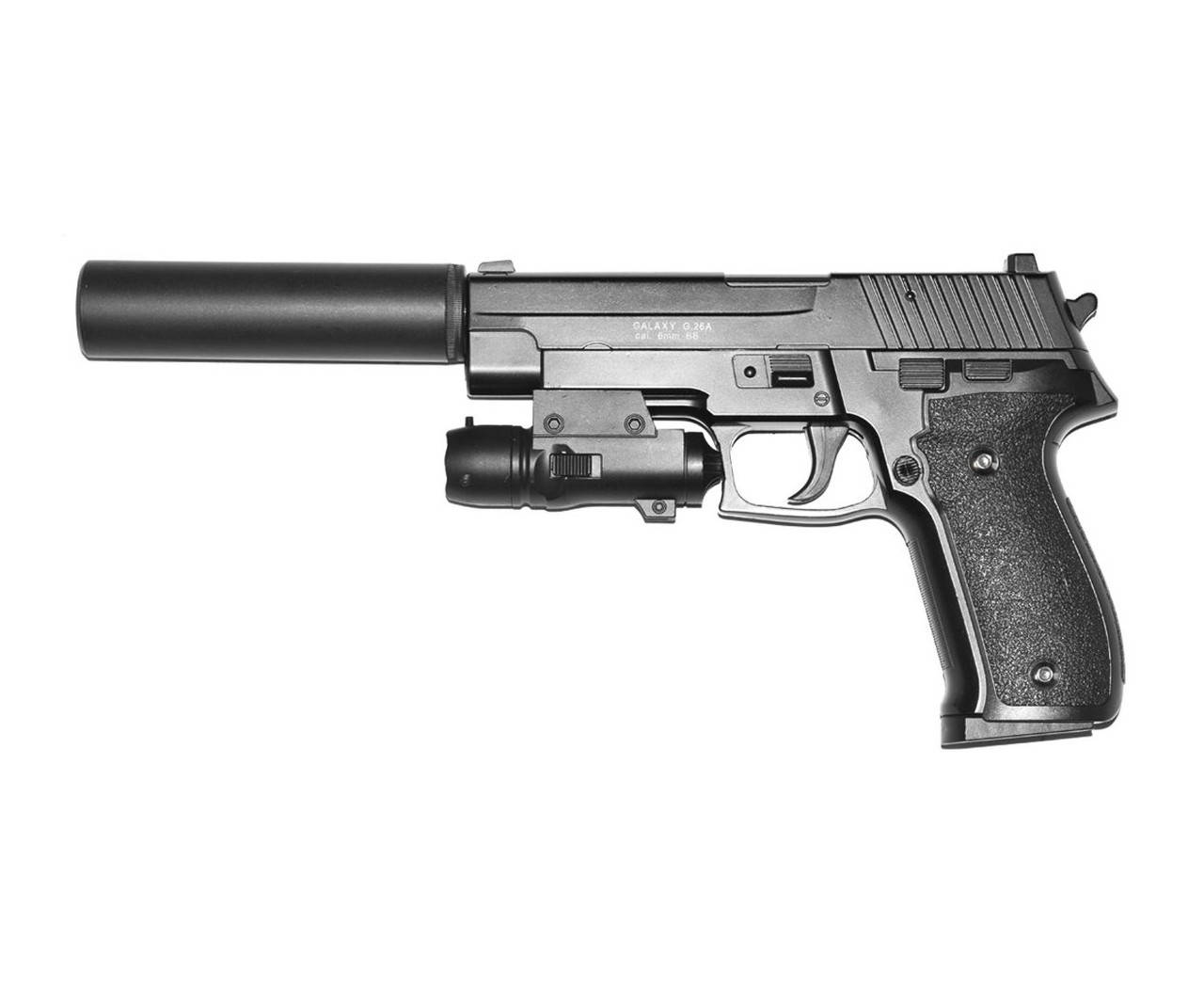 

Страйкбольный пистолет Galaxy G26A Sig Sauer. Спринг, металл, черный с глушителем.