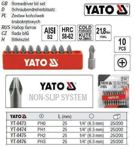 

Набор насадок бит YATO Польща PН2 хрестова 1/4" l=25 мм 10 штук YT-0475