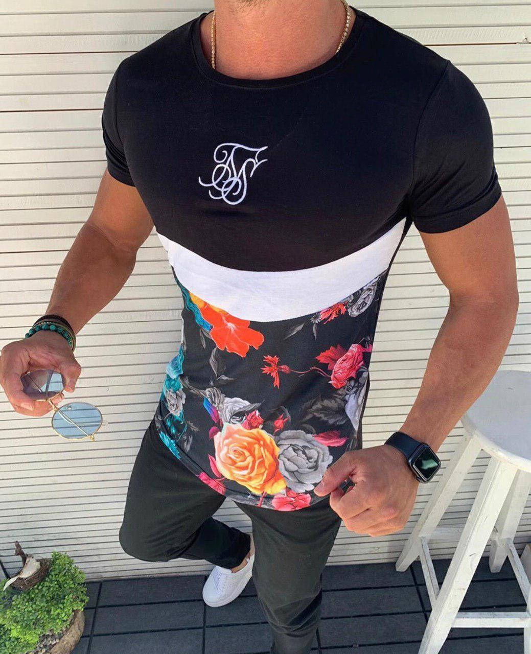 

Мужская футболка (чёрная с белым + цветы) 1