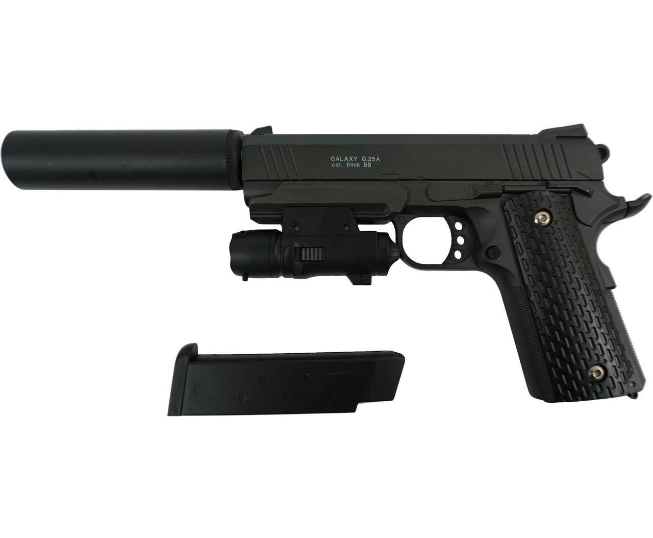 

Страйкбольный пистолет Colt M1911 с глушителем и ЛЦУ металлический 6 мм, Черный
