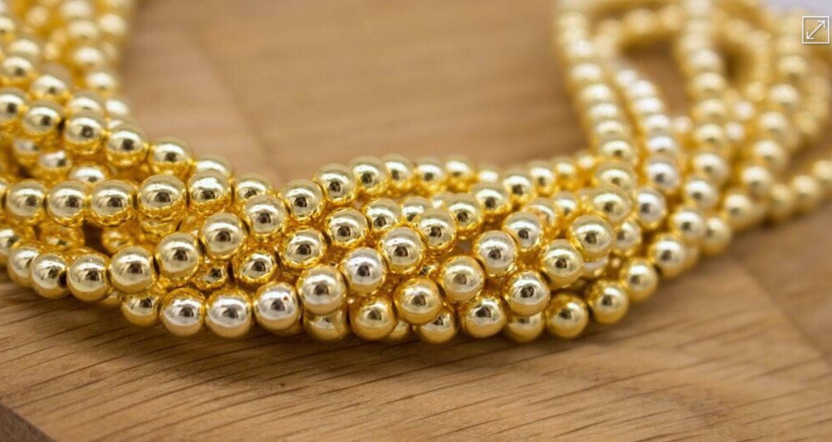 

Натуральный камень, Гематит, бусины на нитке, размер бусин 4*3 мм, цвет лимонное золото