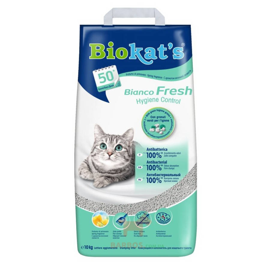 

Biokats Bianco Fresh комкующийся белый наполнитель с мелкими гранулами для кошачьего туалета, 10кг