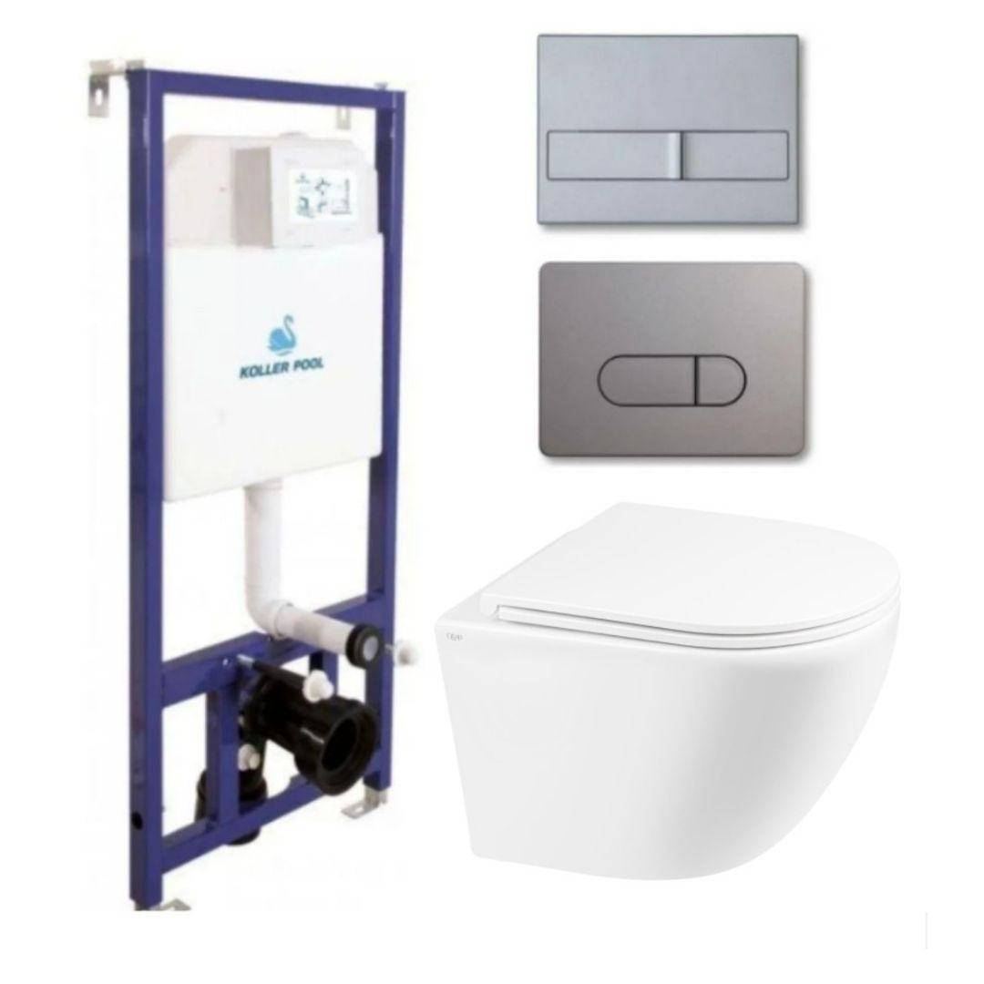 

Комплект 5в1: Инсталляция Koller pool +Безободковый Подвесной унитаз Qtab Robin+ Клавиша CHROME MATT