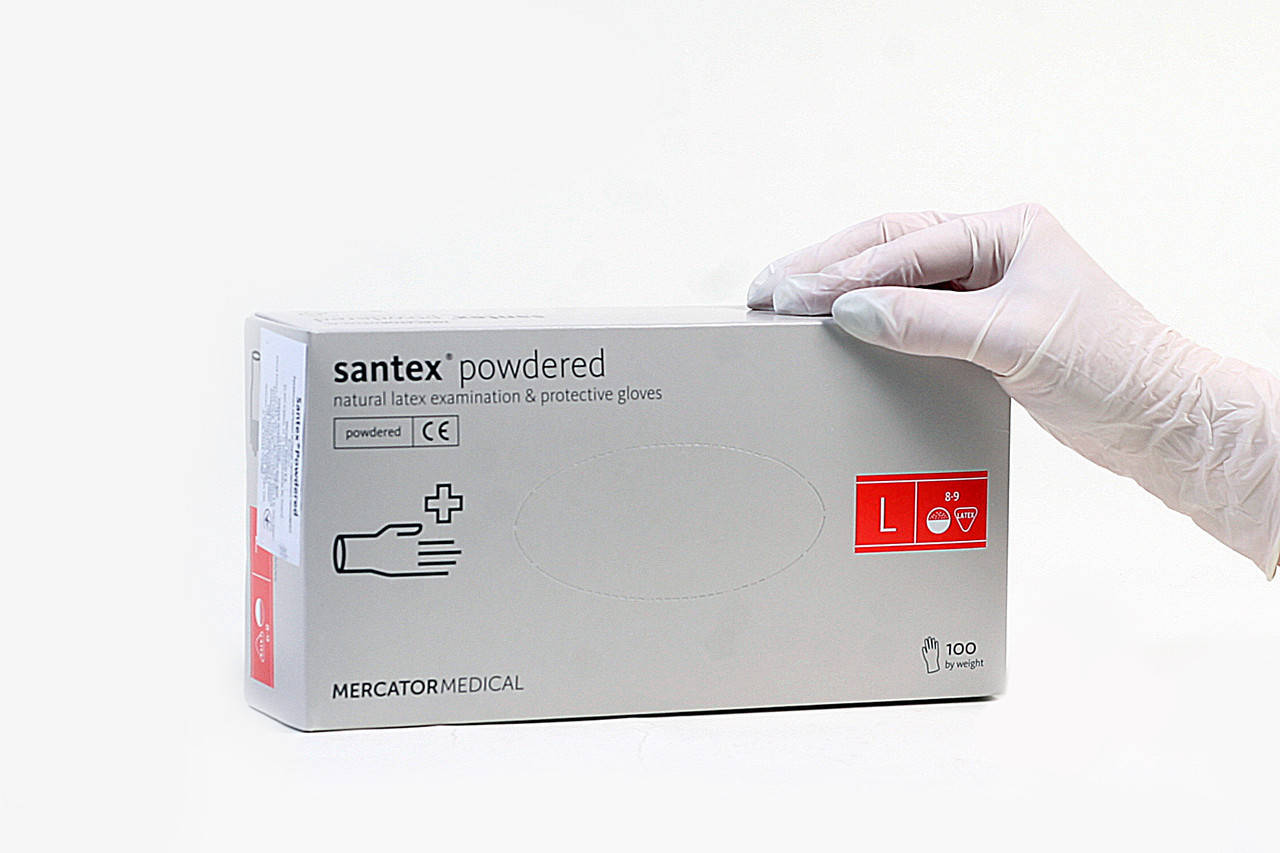 

Перчатки латексные Santex powdered  нестерильные опудренные (100шт.50 пар/уп, Белый