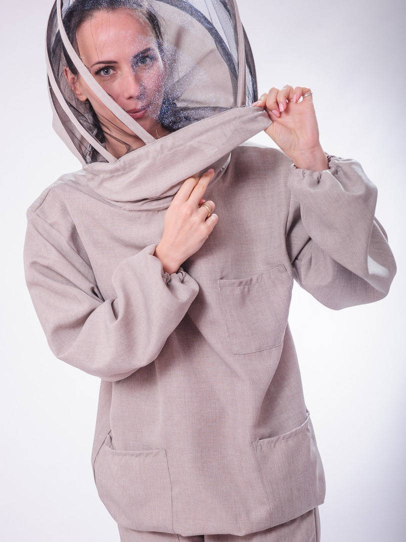 

Куртка бджоляра льон-габардин (Костюм пчеловода лен) маска евро, Светло-серый