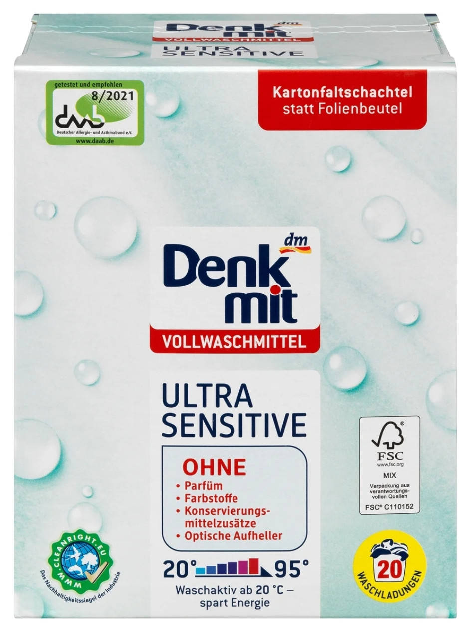 

Безфосфатний дитячий гіпоалергенний пральний порошок Denkmit Ultra Sensitive, 1.35 Німеччина