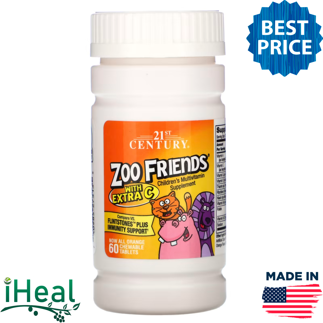 

21st Century, Zoo Friends с добавлением витамина C, апельсин, 60 жевательных таблеток