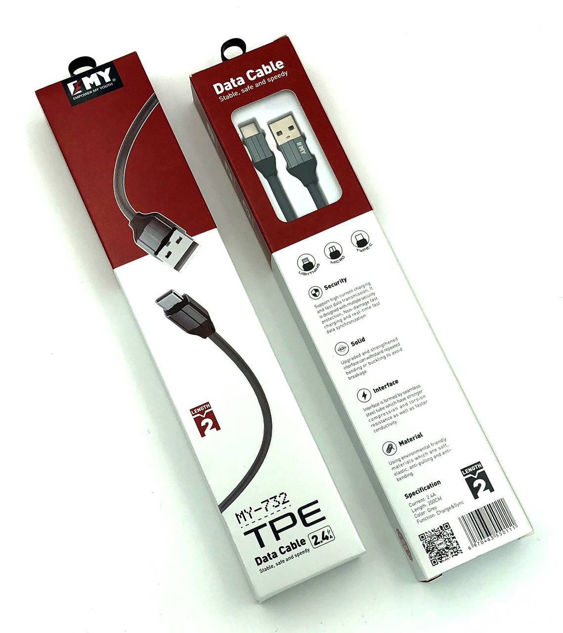 

Дата кабель EMY MY-732 Type C 2.4A 2m Grey, Серый