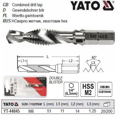 

Сверло метчик YATO М8х1.25 мм HSS М2 HEX-1/4" l=51/11 мм YT-44845