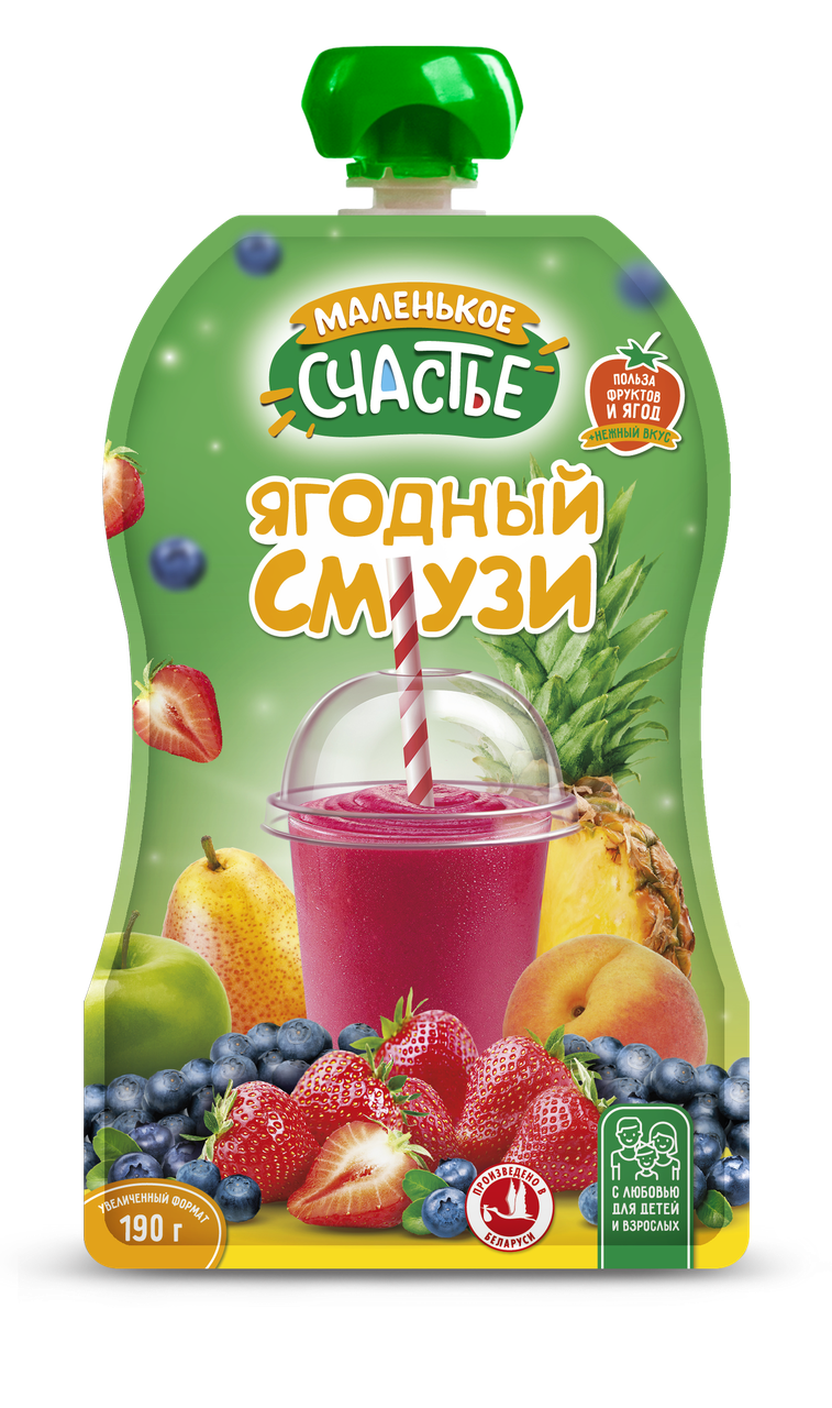 

Пауч "Смузи" Ягодный салатик 190гр.с 6 месяцев, ТМ "Маленькое счастье"