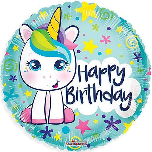 

Фольгированный шар круг Happy Birthday с единорогом 18" Китай, Голубой