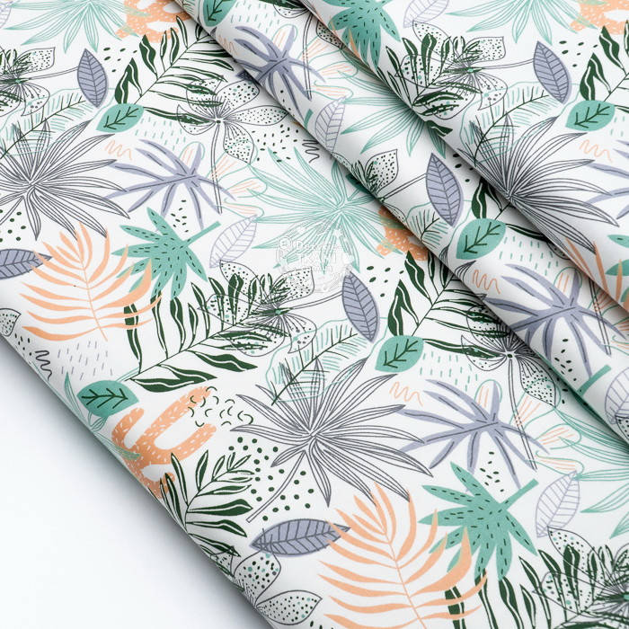 

Сатин "Тропики мятно-персиковых оттенков" на белом, №4125с, Разные цвета