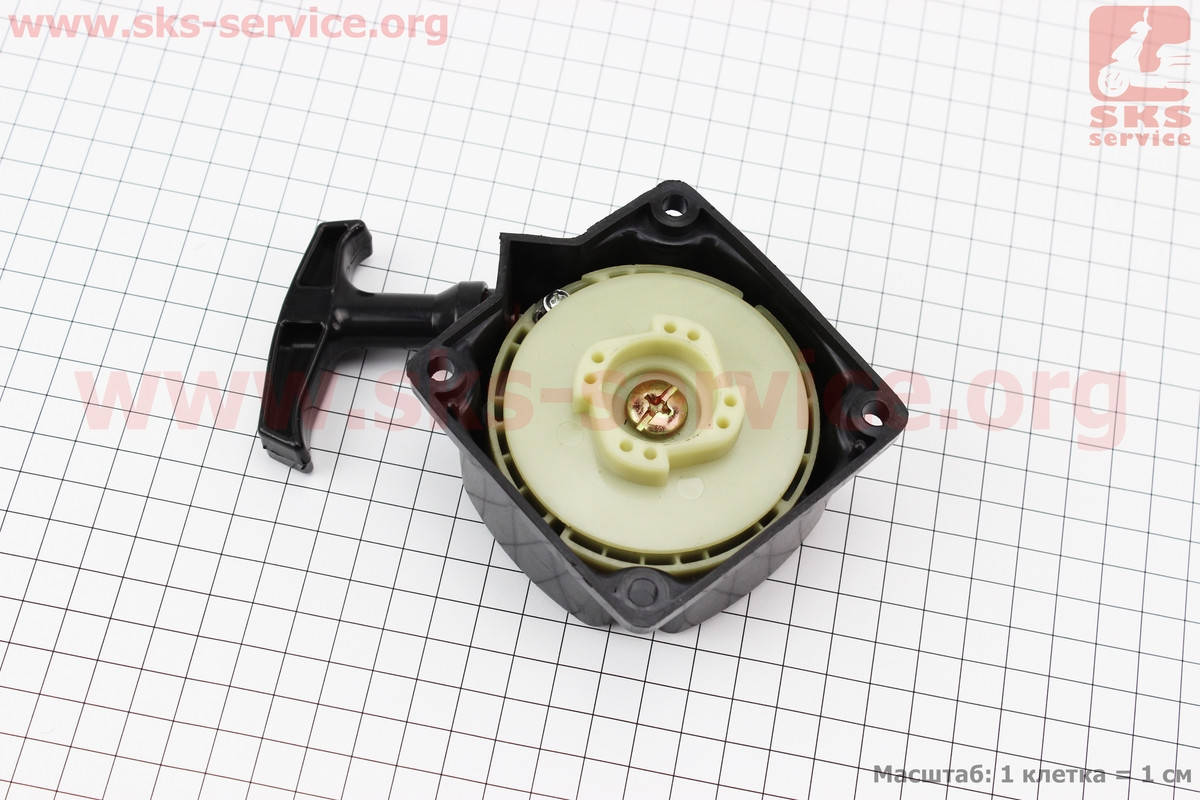 

Стартер в сборе 4отв. 66,5х66,5мм "Плавный пуск - 4зацепа", Øзацепа=38мм Тип №2 для мотокосы