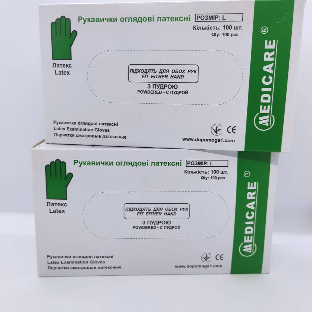 

Перчатки латексные медицинские с пудрой, нестерильные "Medicare" (р. ), (50 пар/уп, Белый