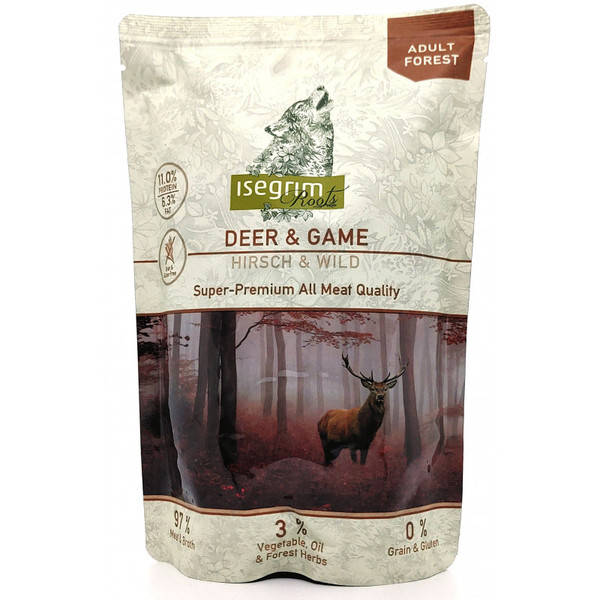 

Влажный корм для собак Isegrim Pouch Roots Deer&Game Оленина и дичь с корнем петрушки и сафлоровым маслом 410г