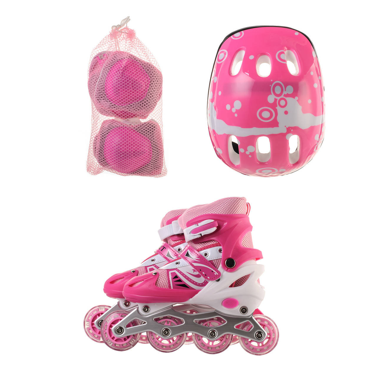 

Ролики раздвижные с шлемом и комплектом защиты Happy Sport Combo 8806: размер 31-34, 35-38 (Pink)