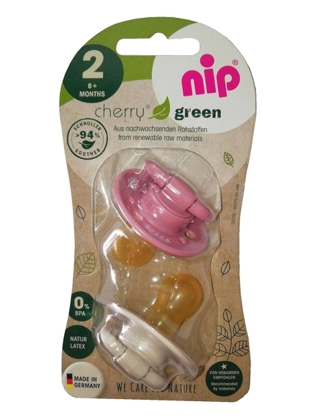 

Пустушка кругла латексна Вишенька Зелена серія, 6+ міс., 2 шт, рожева з білим, Nip