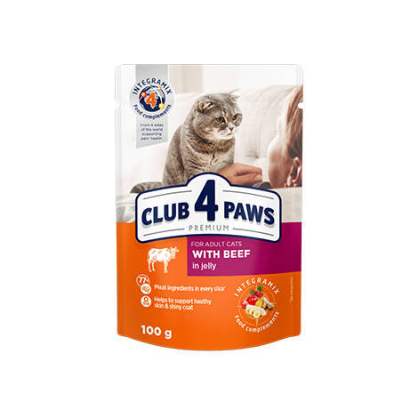 

CLUB 4 PAWS PREMIUM Клуб 4 лапы влажный корм для котов с говядиной в желе, 100 гр.