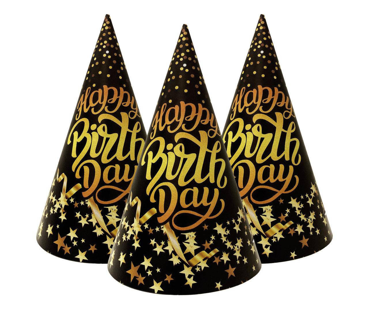 

Колпаки Happy Birthday звёзды черные 10 шт в уп.