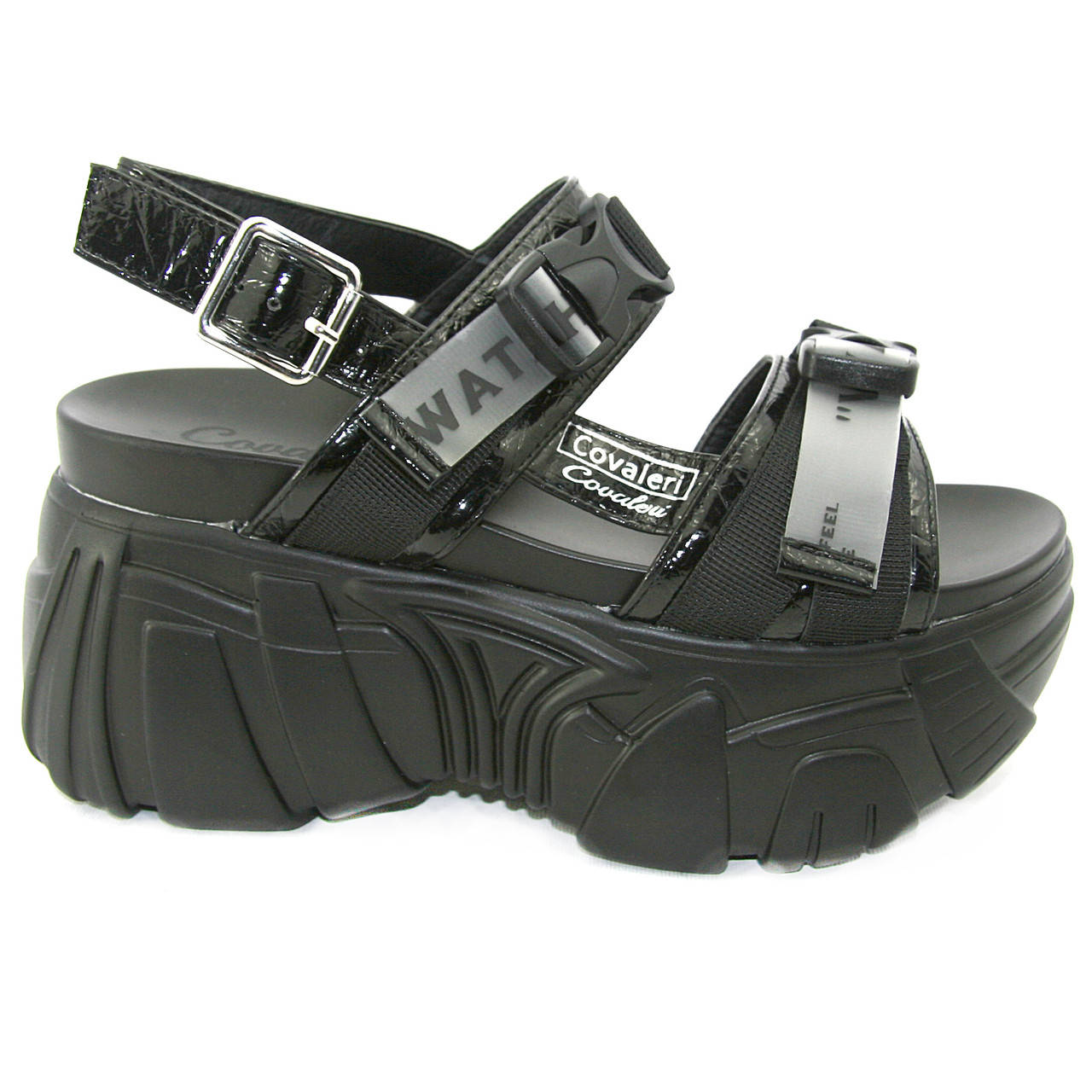 

Босоножки женские чёрного цвета на высокой танкетке,кож зам