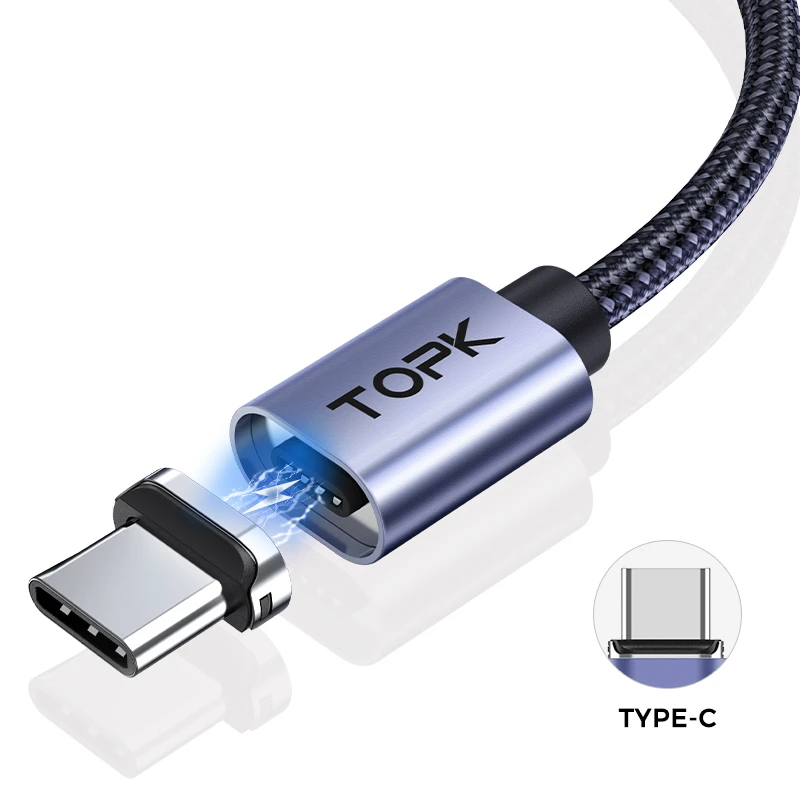 

Кабель магнитный для зарядки телефона USB Type-C Android TOPK AM45 100см |3A| Фиолетовый, Черный