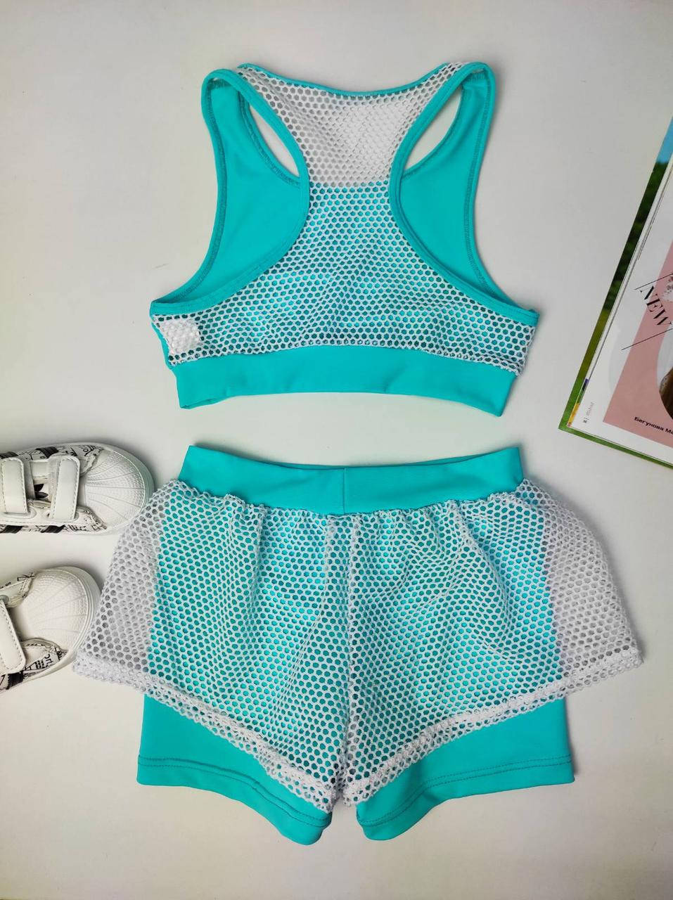 

Комплект для занятий на пилоне топ и двойные шорты с сеткой бирюзовый Жасмин р.104-170 р. 26-44 36-44