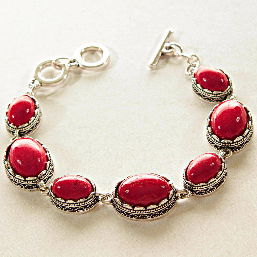 

Браслет Коралл оправа "зубчик" овальный камень 7 шт. 20*16 и 13*16мм больше меньше см L-18-21см