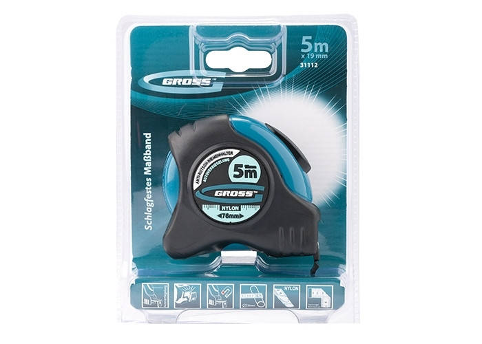 

Рулетка "Schlagfest", 5 м x 25 мм, магн. обрез зацеп, двухст. шкала, нейлон покр. автоматич., GROSS (31113)