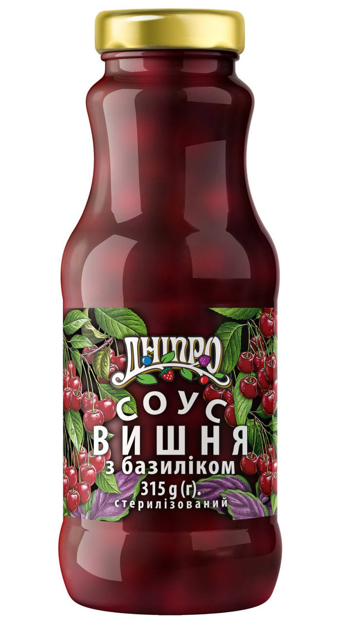 

Соус ТМ Дніпро Вишня с базиликом 315 г., б/стекло. 100% натуральный продукт, без ГМО!