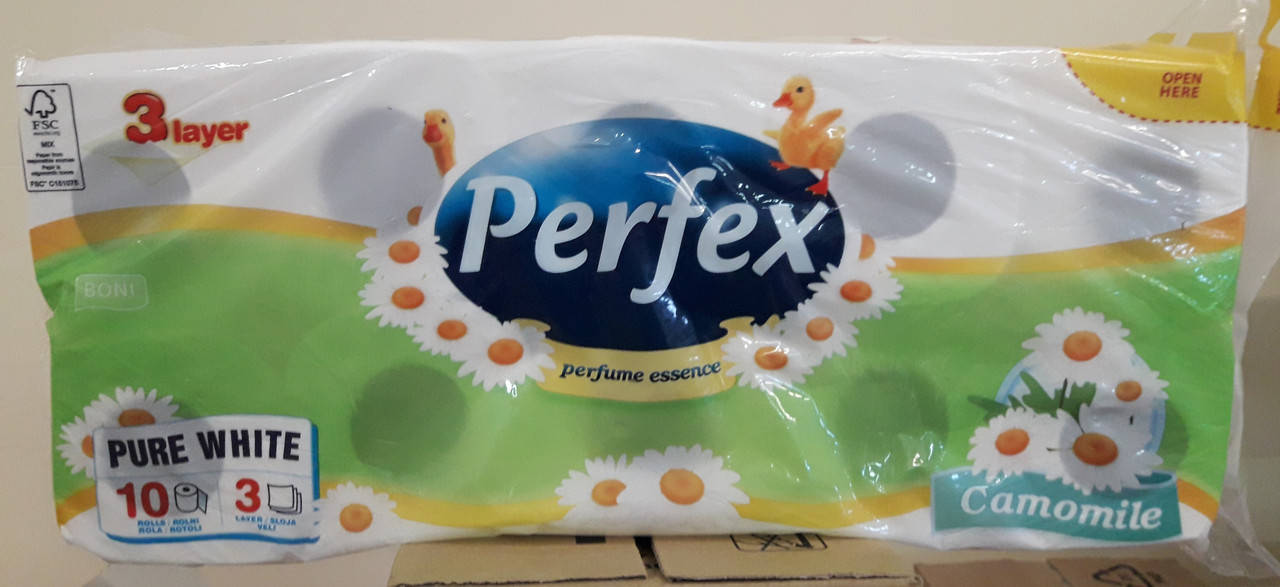 

Туалетний папір Perfex parfume essence camomile ромашка 3 шаровий 10 рулонів, Белый