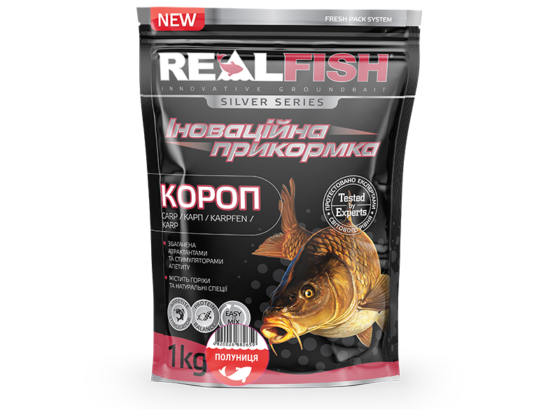 

Прикормка Real Fish 1кг Рыболовная прикормка Карп (клубника)