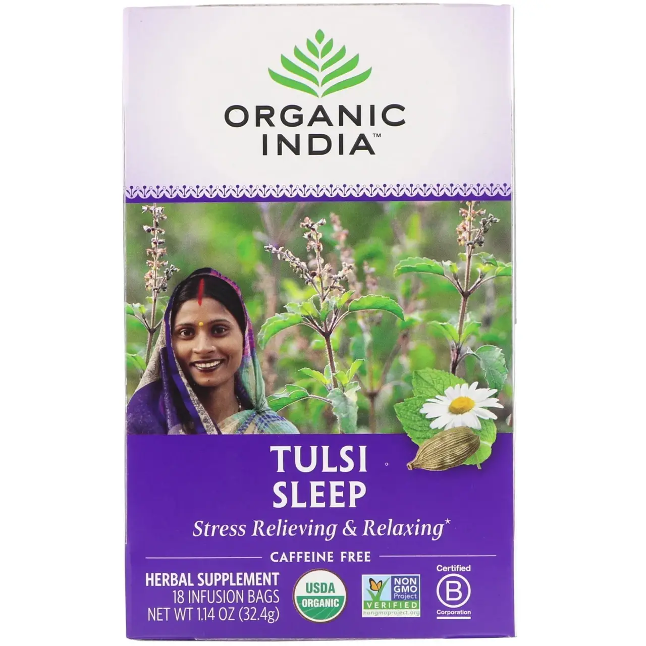 

Organic India, Чай с тулси для сна, без кофеина, 18 пакетиков, 32,4 г (1,14 унции)