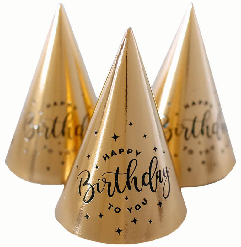 

Колпак праздничный Хром "HappyBirthday" 15 см, тиснение черной фольгой по золоту