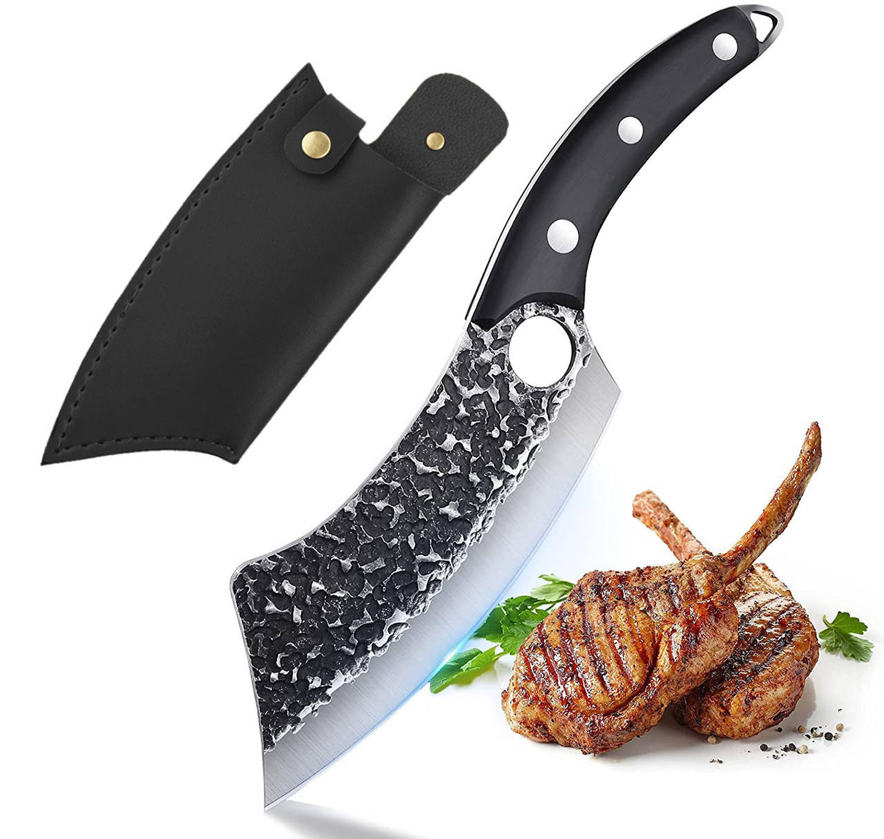 

Кованый нож-тяпка многофункциональный фултанг 17 см с чехлом (FCKMFHP-18)