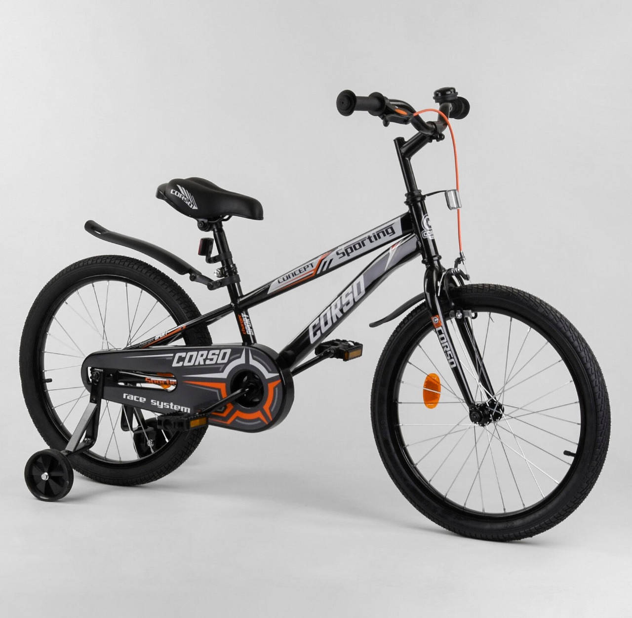 

Детский велосипед 20 дюймов 2-х колёсный Черный CORSO R-20628 с дополнительными колесами, ручной тормоз
