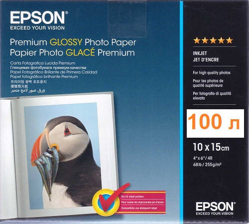 

Фотобумага Epson глянцевая Premium Glossy, 255g/m2, 10x15, 100 листов