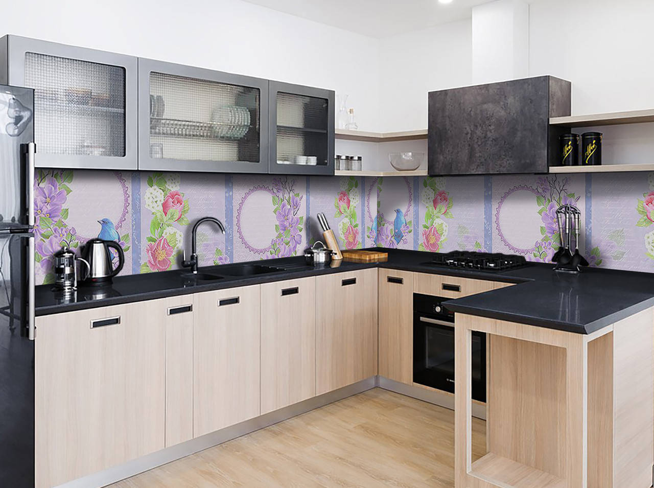 

Виниловый кухонный фартук Синие птицы (наклейка для кухни ПВХ пленка скинали) Абстракция Фиолетовый 600*2500