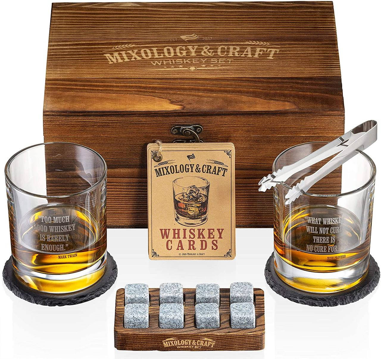 

Подарочный набор для виски с бокалами и подставками из камня Whiskey Glass and Stones Set with Wooden Box.