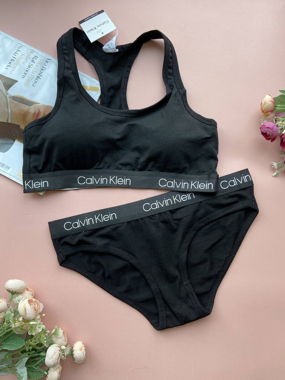 

Черный спортивный комплект нижнего белья с логотипом, топ с трусиками M