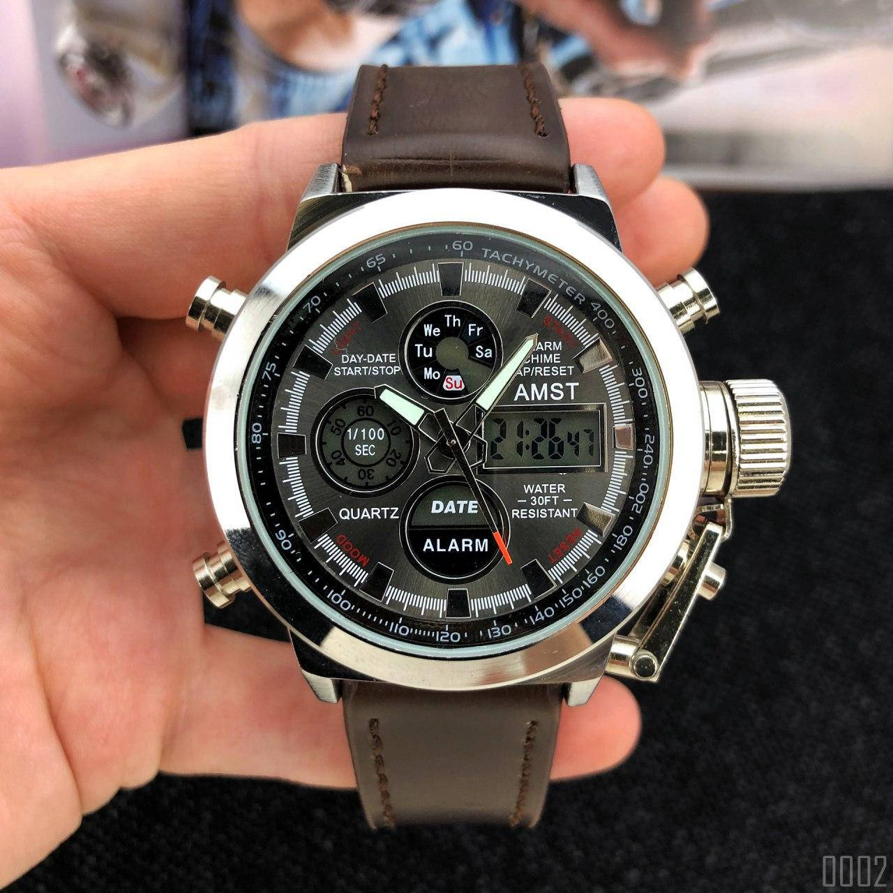 

Тактические мужские часы AMST 3003A Silver-Black-Brown Wristband армейские спортивные