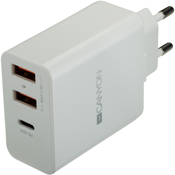 

Адаптер питания CANYON H-08 Universal 3xUSB AC charger (in wall) with over-voltage protection(1 USB-C with PD, Белый